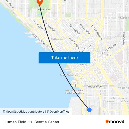 Lumen Field to Seattle Center map