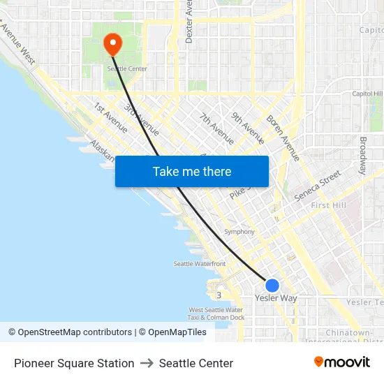 Pioneer Square Station to Seattle Center map