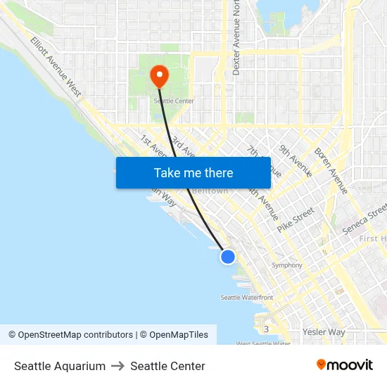 Seattle Aquarium to Seattle Center map