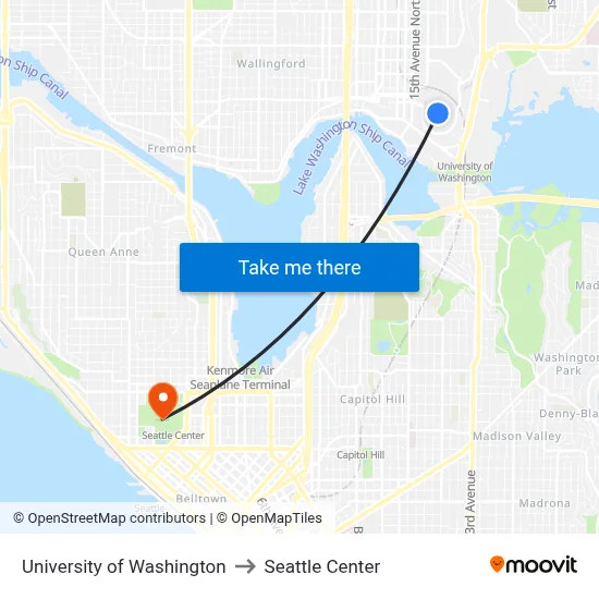 University of Washington to Seattle Center map