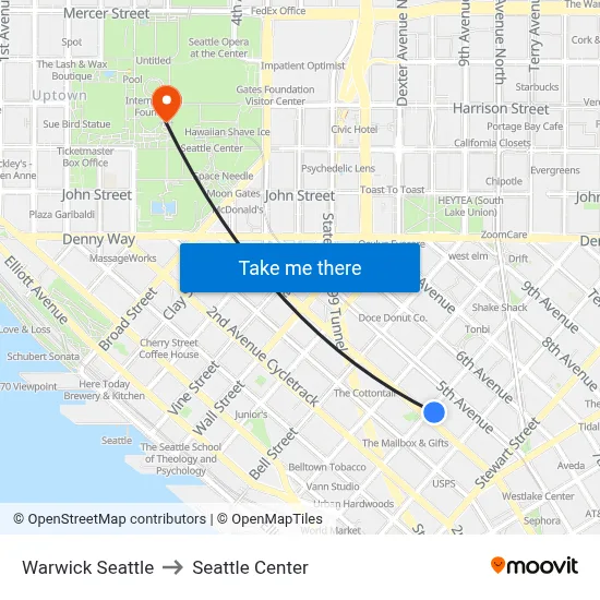 Warwick Seattle to Seattle Center map