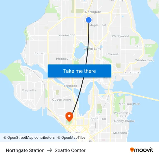 Northgate Station to Seattle Center map
