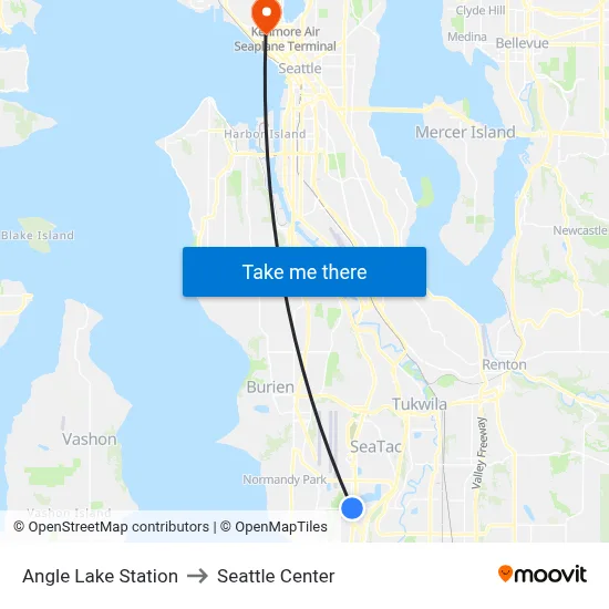 Angle Lake Station to Seattle Center map