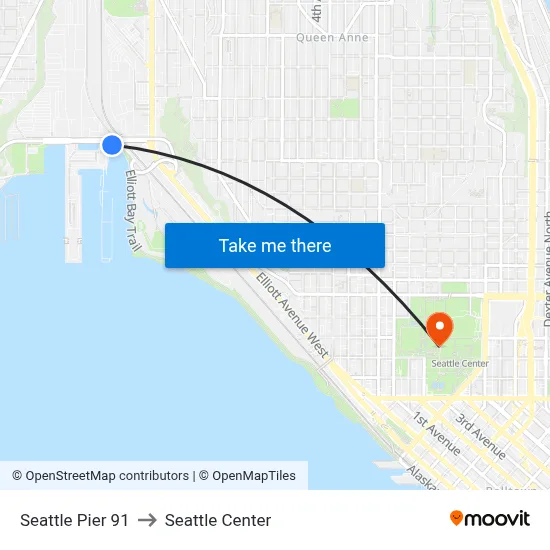 Seattle Pier 91 to Seattle Center map