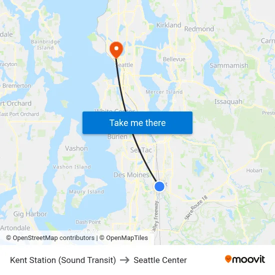 Kent Station (Sound Transit) to Seattle Center map