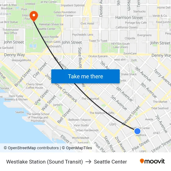 Westlake Station (Sound Transit) to Seattle Center map
