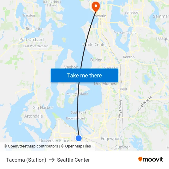 Tacoma (Station) to Seattle Center map