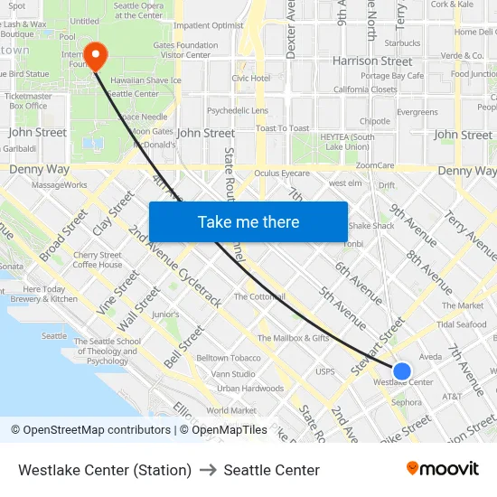 Westlake Center (Station) to Seattle Center map
