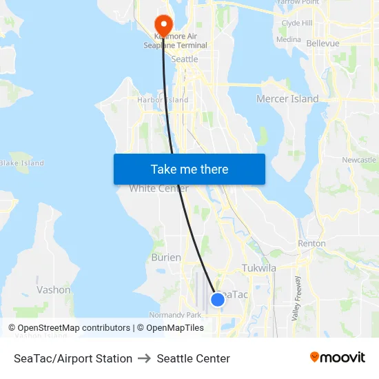 SeaTac/Airport Station to Seattle Center map