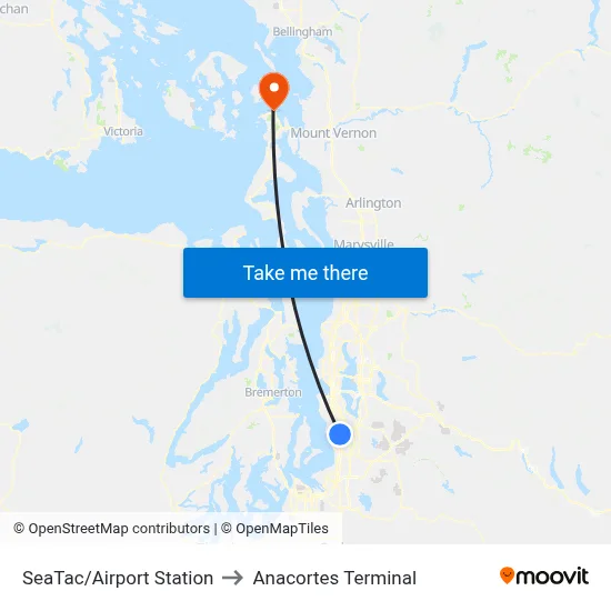 SeaTac/Airport Station to Anacortes Terminal map