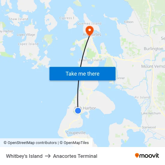 Whitbey's Island to Anacortes Terminal map