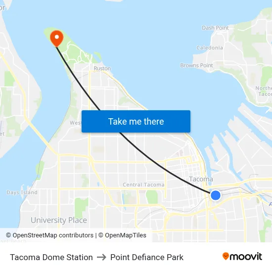 Tacoma Dome Station to Point Defiance Park map