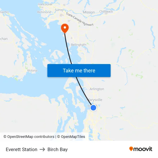Everett Station to Birch Bay map