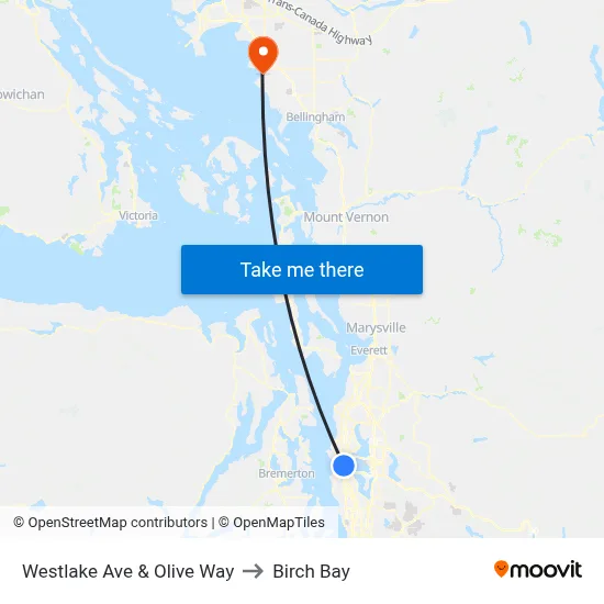 Westlake Ave & Olive Way to Birch Bay map