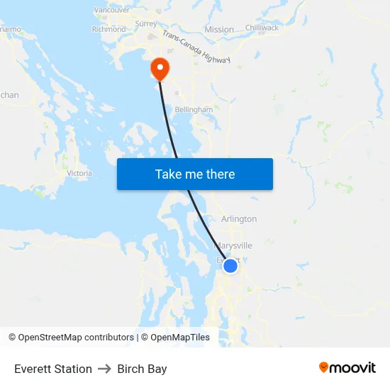 Everett Station to Birch Bay map