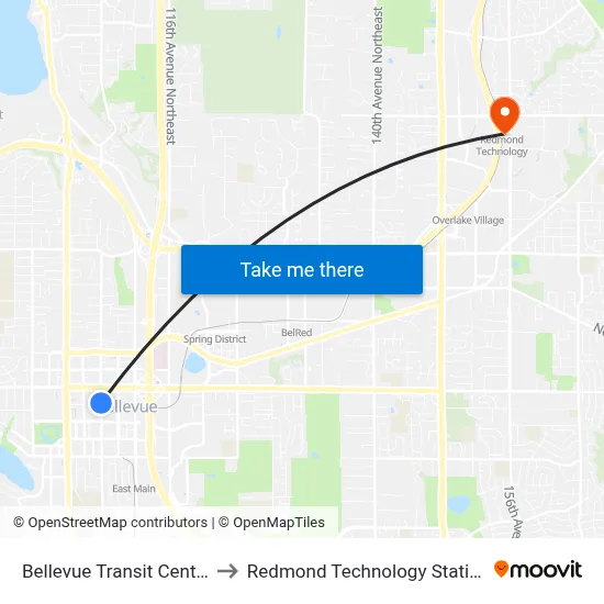 Bellevue Transit Center to Redmond Technology Station map