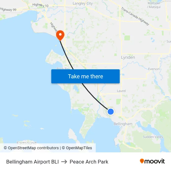 Bellingham Airport BLI to Peace Arch Park map