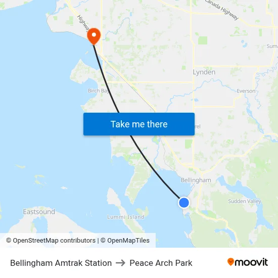 Bellingham Amtrak Station to Peace Arch Park map
