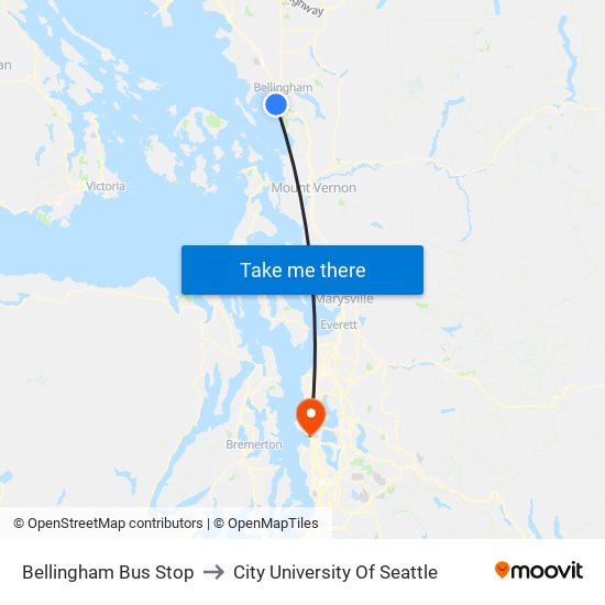 Bellingham Bus Stop to City University Of Seattle map