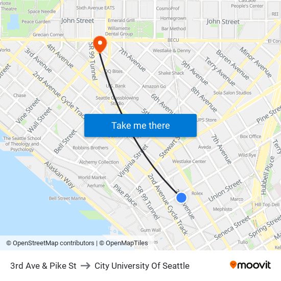 3rd Ave & Pike St to City University Of Seattle map