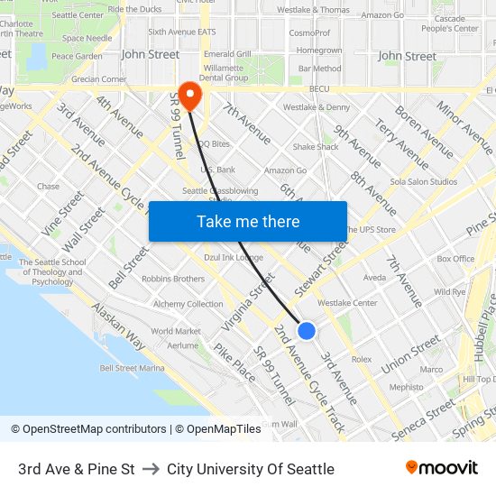 3rd Ave & Pine St to City University Of Seattle map