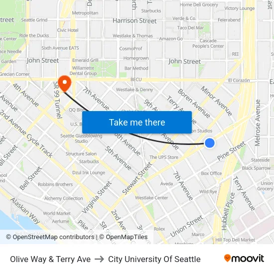 Olive Way & Terry Ave to City University Of Seattle map