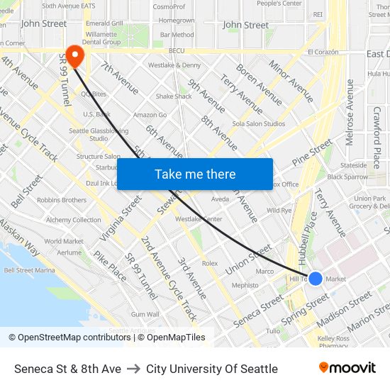 Seneca St & 8th Ave to City University Of Seattle map