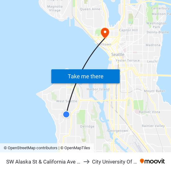 SW Alaska St & California Ave SW - Bay 1 to City University Of Seattle map