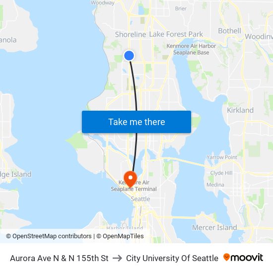 Aurora Ave N & N 155th St to City University Of Seattle map