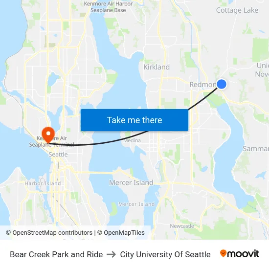 Bear Creek Park and Ride to City University Of Seattle map
