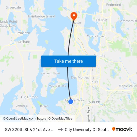 SW 320th St & 21st Ave SW to City University Of Seattle map