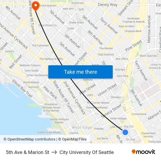 5th Ave & Marion St to City University Of Seattle map