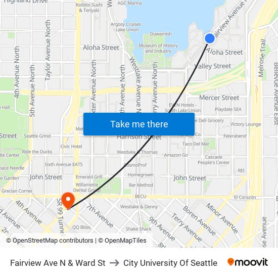 Fairview Ave N & Ward St to City University Of Seattle map
