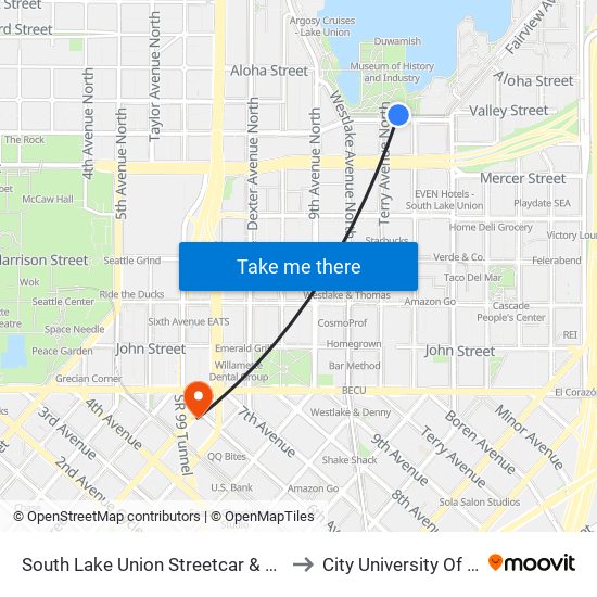 South Lake Union Streetcar & Terry Ave N to City University Of Seattle map