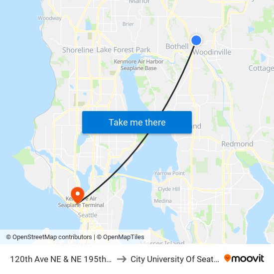 120th Ave NE & NE 195th St to City University Of Seattle map