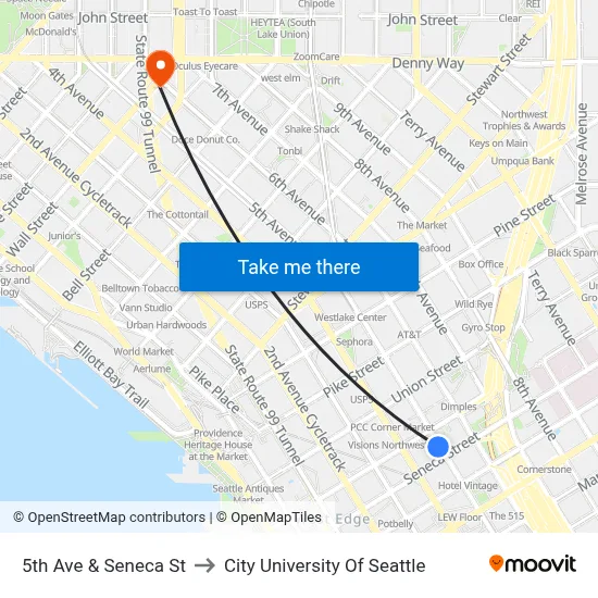 5th Ave & Seneca St to City University Of Seattle map