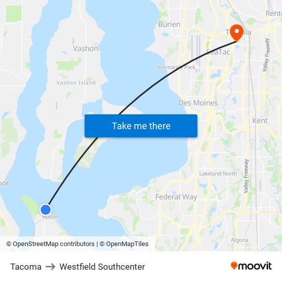 Tacoma to Westfield Southcenter map