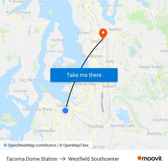 Tacoma Dome Station to Westfield Southcenter map