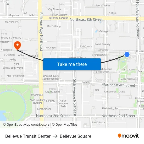 Bellevue Transit Center to Bellevue Square map