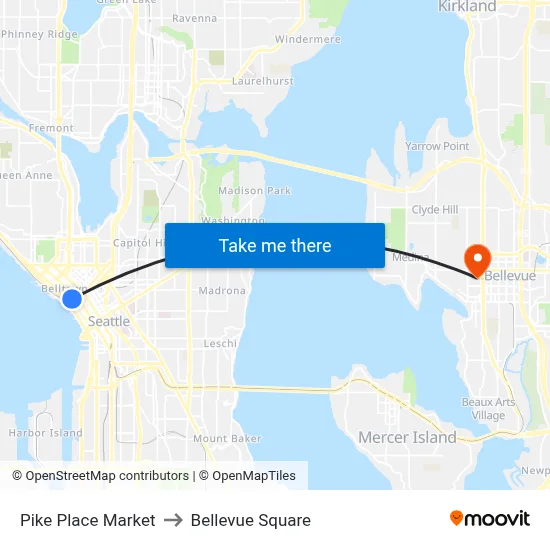 Pike Place Market to Bellevue Square map