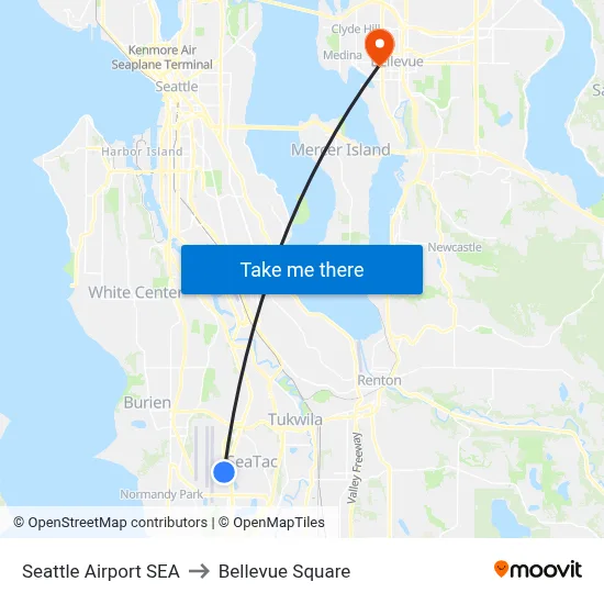 Seattle Airport SEA to Bellevue Square map