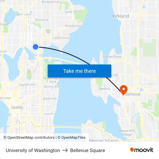 University of Washington to Bellevue Square map