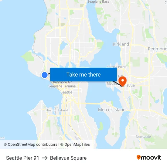 Seattle Pier 91 to Bellevue Square map