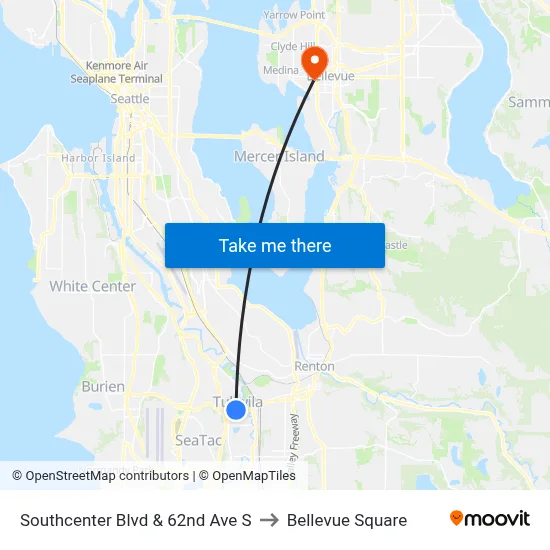 Southcenter Blvd & 62nd Ave S to Bellevue Square map