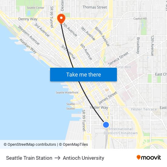 Seattle Train Station to Antioch University map