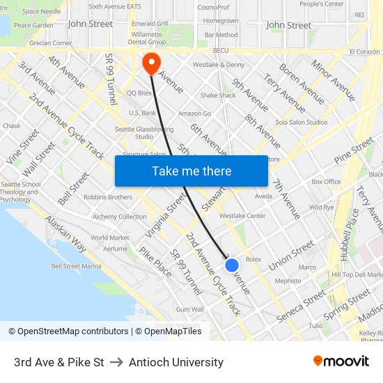 3rd Ave & Pike St to Antioch University map