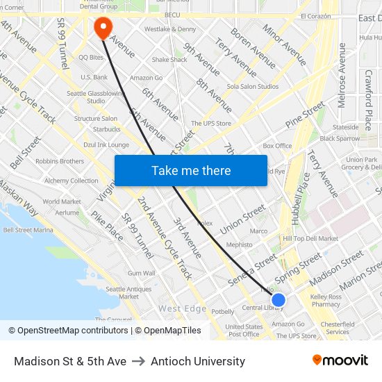 Madison St & 5th Ave to Antioch University map