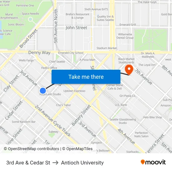 3rd Ave & Cedar St to Antioch University map