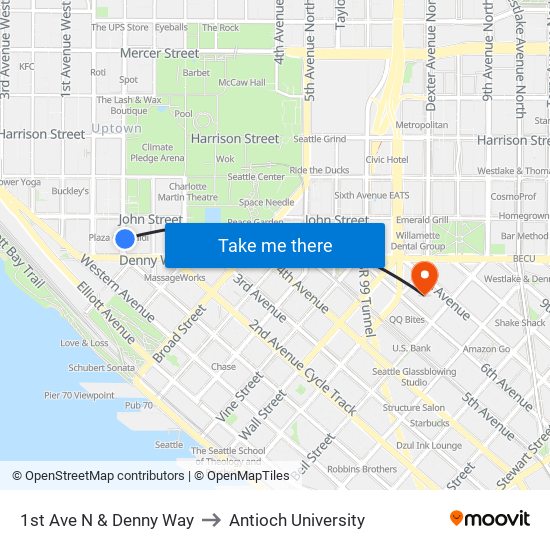 1st Ave N & Denny Way to Antioch University map