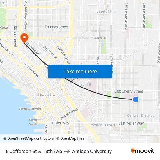 E Jefferson St & 18th Ave to Antioch University map